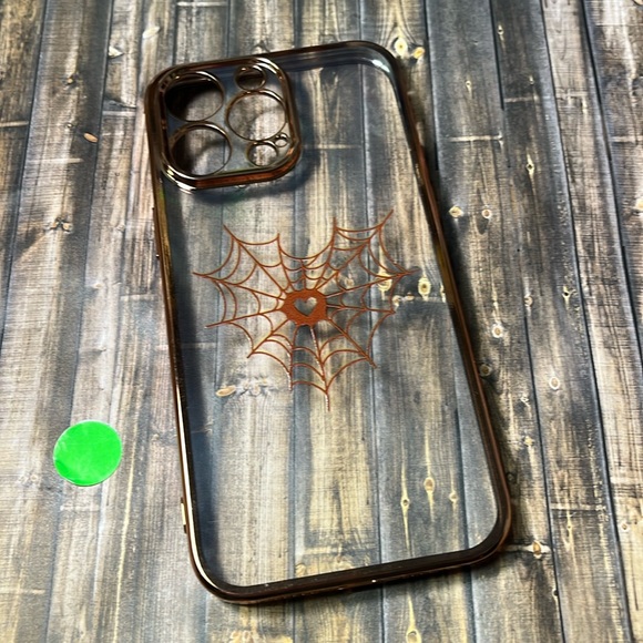 5for$10 Transparent iPhone 14 Pro Max Case Spider Web Gold Heart Soft Slim Case - Picture 2 of 9